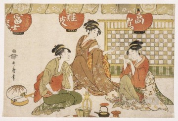  ladies Art - three seated ladies with lanterns Kitagawa Utamaro Ukiyo e Bijin ga